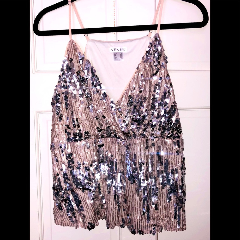 VENUS!  Sequined, lined, cami.  Side zipper.  Straps fully adjustable.